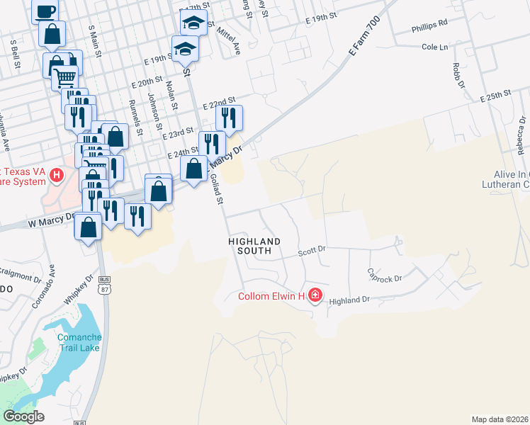 map of restaurants, bars, coffee shops, grocery stores, and more near 2801 Macauslan Street in Big Spring