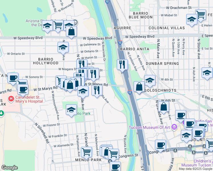 map of restaurants, bars, coffee shops, grocery stores, and more near 1001 West Saint Marys Road in Tucson
