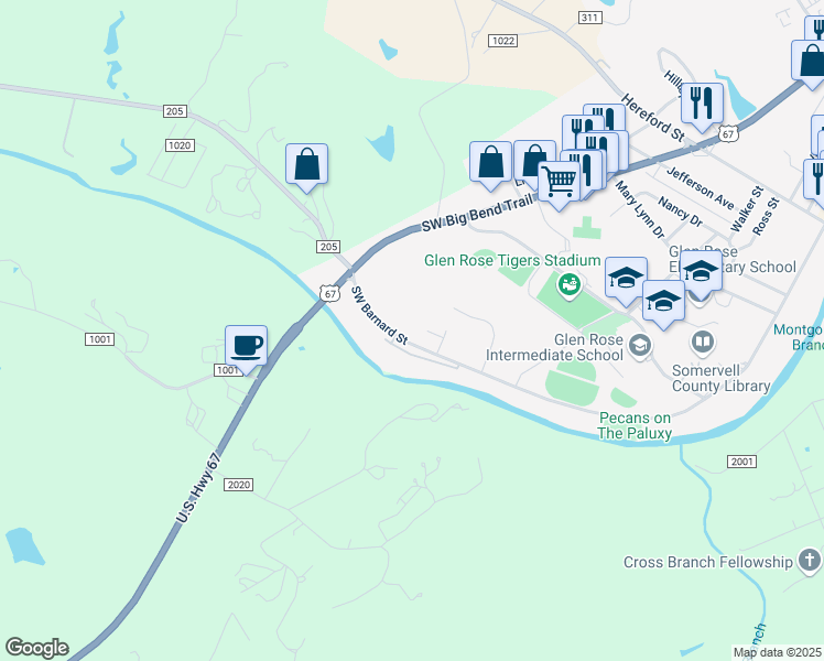 map of restaurants, bars, coffee shops, grocery stores, and more near 105 Skyler Court in Glen Rose