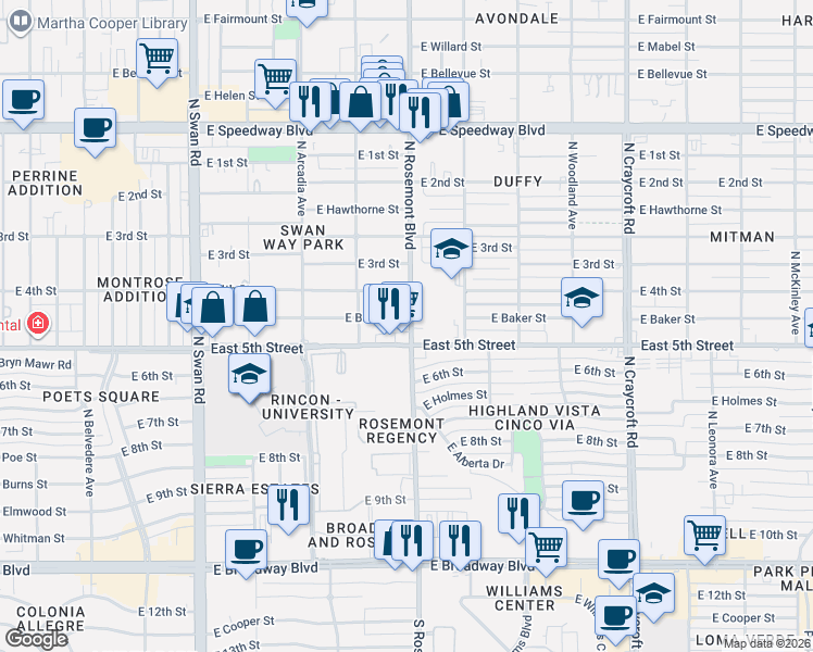 map of restaurants, bars, coffee shops, grocery stores, and more near 5067 East 5th Street in Tucson