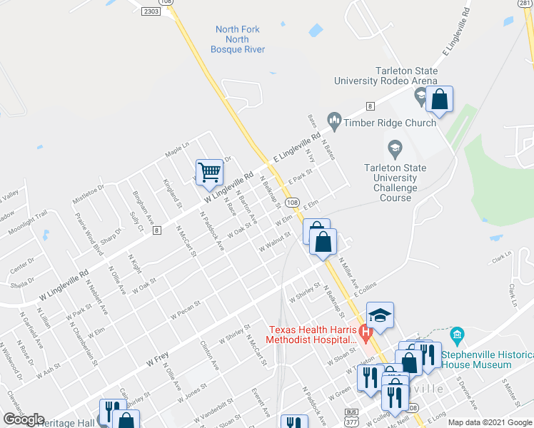 map of restaurants, bars, coffee shops, grocery stores, and more near 301 West Oak Street in Stephenville
