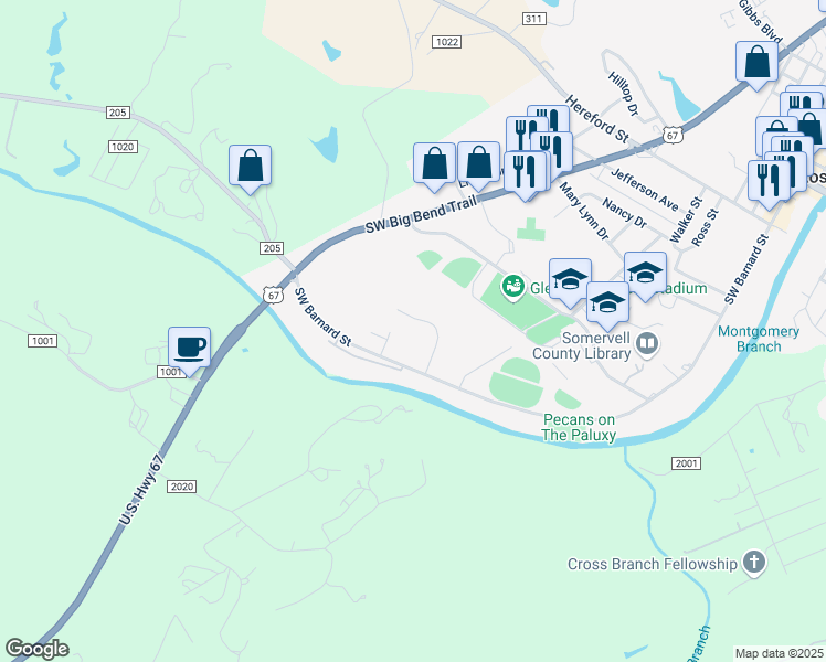 map of restaurants, bars, coffee shops, grocery stores, and more near 1604 Southwest Barnard Street in Glen Rose