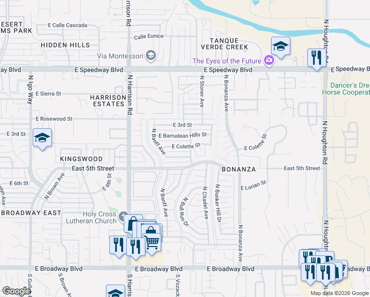 map of restaurants, bars, coffee shops, grocery stores, and more near 9657 East Baker Street in Tucson