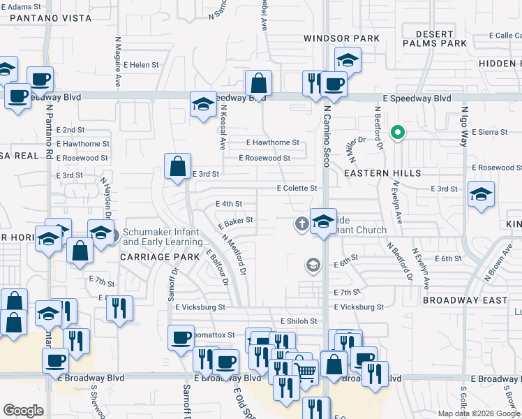 map of restaurants, bars, coffee shops, grocery stores, and more near 8502 East Baker Place in Tucson