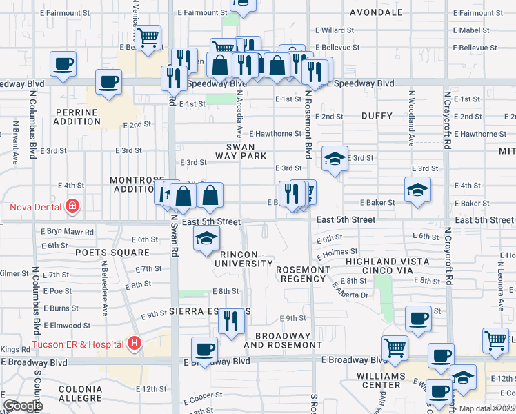 map of restaurants, bars, coffee shops, grocery stores, and more near 4925 East 5th Street in Tucson
