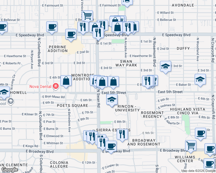 map of restaurants, bars, coffee shops, grocery stores, and more near 4761 East 5th Street in Tucson