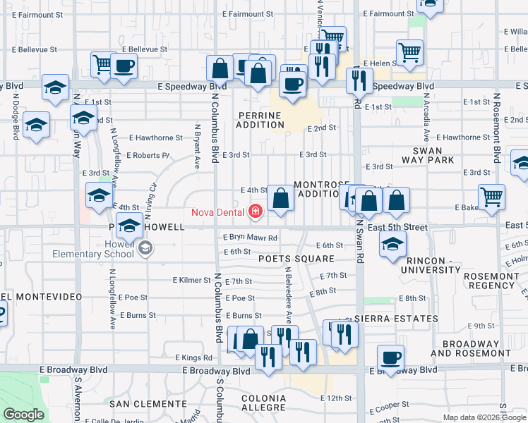 map of restaurants, bars, coffee shops, grocery stores, and more near 625 North Erin Avenue in Tucson