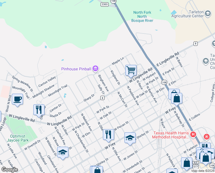 map of restaurants, bars, coffee shops, grocery stores, and more near 1702 Bingham Avenue in Stephenville