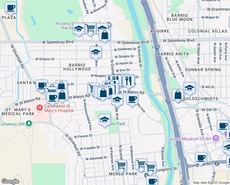 map of restaurants, bars, coffee shops, grocery stores, and more near W St Marys Rd & N Grande Ave in Tucson
