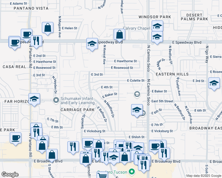 map of restaurants, bars, coffee shops, grocery stores, and more near 8427 East Baker Street in Tucson