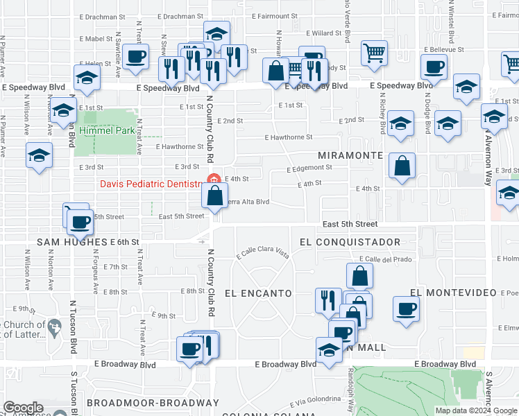 map of restaurants, bars, coffee shops, grocery stores, and more near 3205 East 5th Street in Tucson