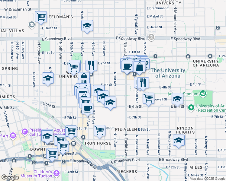 map of restaurants, bars, coffee shops, grocery stores, and more near 702 East 5th Street in Tucson