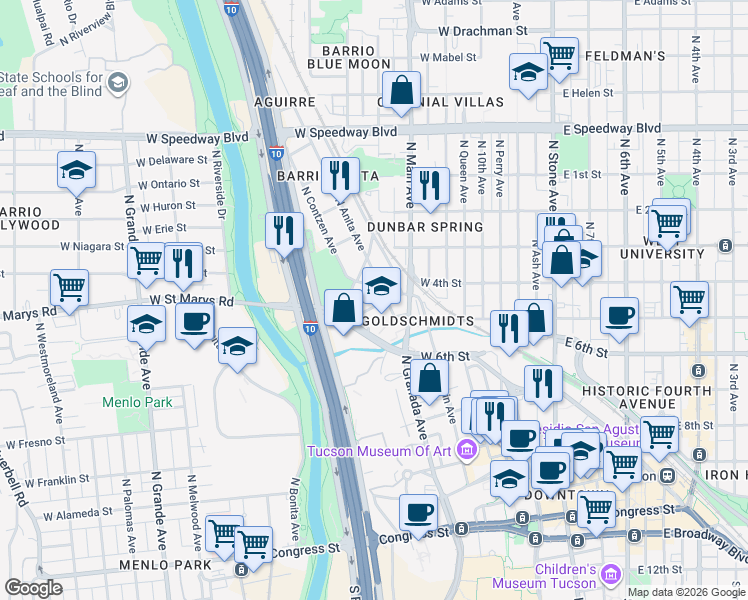 map of restaurants, bars, coffee shops, grocery stores, and more near 500 West Saint Marys Road in Tucson