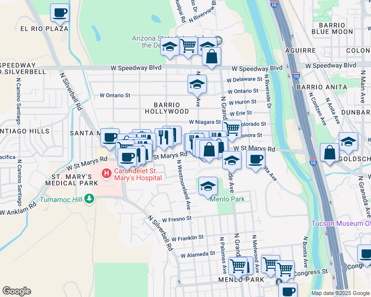 map of restaurants, bars, coffee shops, grocery stores, and more near 1351 North Westmoreland Avenue in Tucson
