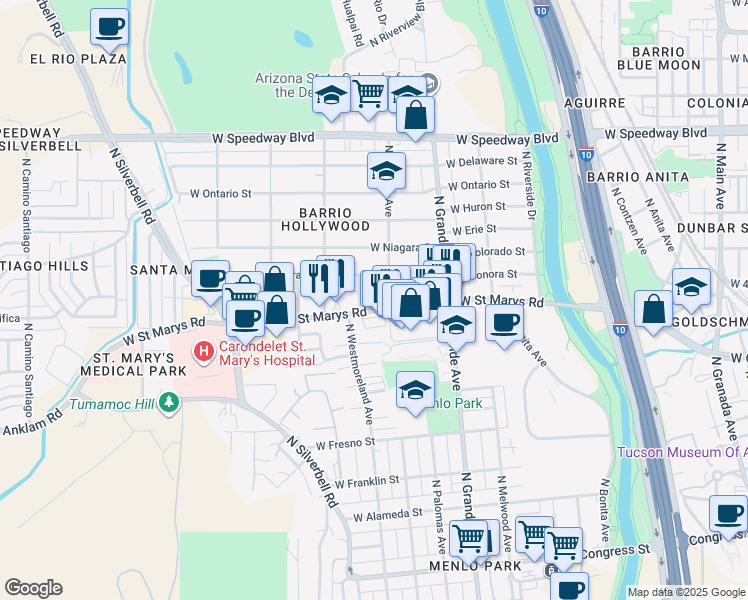 map of restaurants, bars, coffee shops, grocery stores, and more near 1305 West Saint Marys Road in Tucson