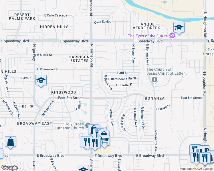 map of restaurants, bars, coffee shops, grocery stores, and more near 625 North Banff Avenue in Tucson