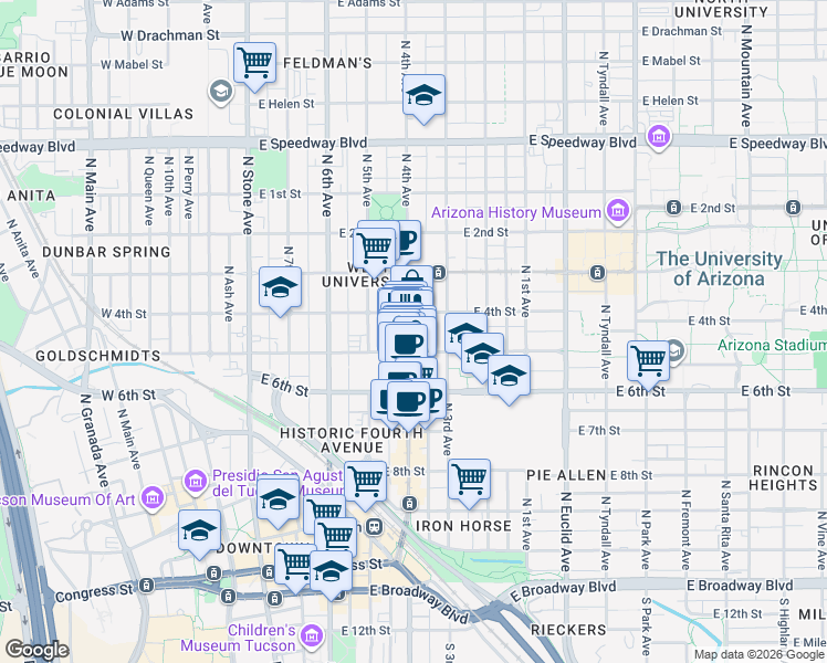 map of restaurants, bars, coffee shops, grocery stores, and more near 628 North 4th Avenue in Tucson