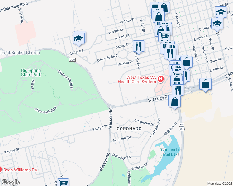 map of restaurants, bars, coffee shops, grocery stores, and more near 538 Westover Road in Big Spring