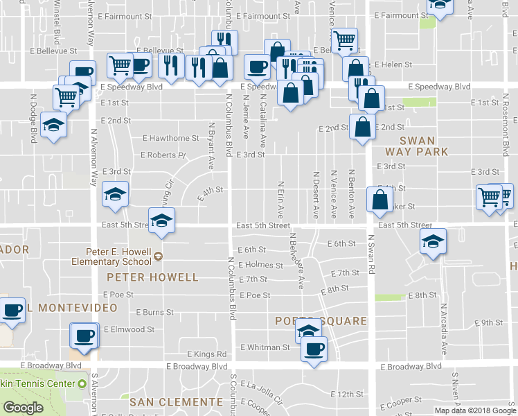 map of restaurants, bars, coffee shops, grocery stores, and more near 631 North Catalina Avenue in Tucson