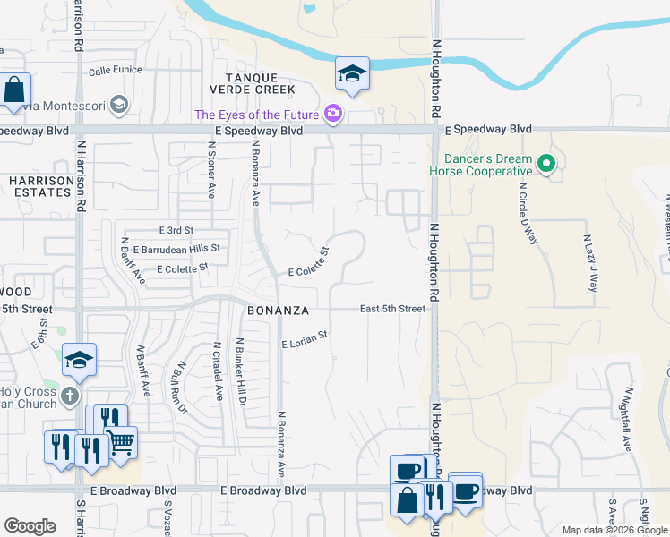map of restaurants, bars, coffee shops, grocery stores, and more near 10032 East Colette Street in Tucson