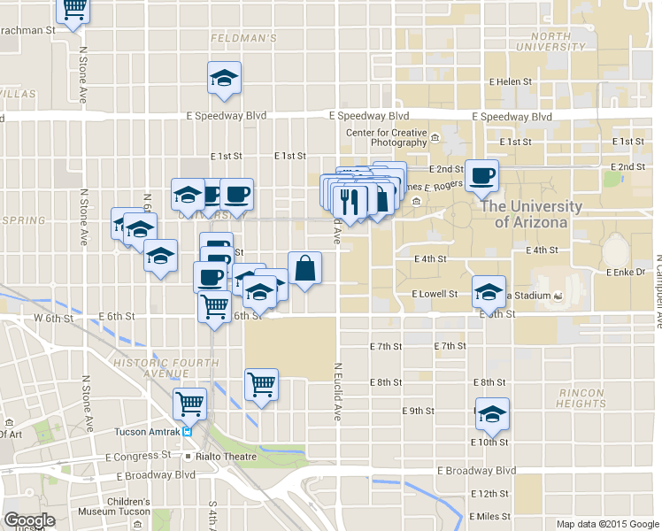 map of restaurants, bars, coffee shops, grocery stores, and more near 701 North Euclid Avenue in Tucson