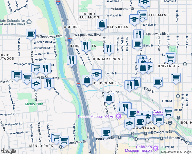 map of restaurants, bars, coffee shops, grocery stores, and more near 682 North Anita Avenue in Tucson