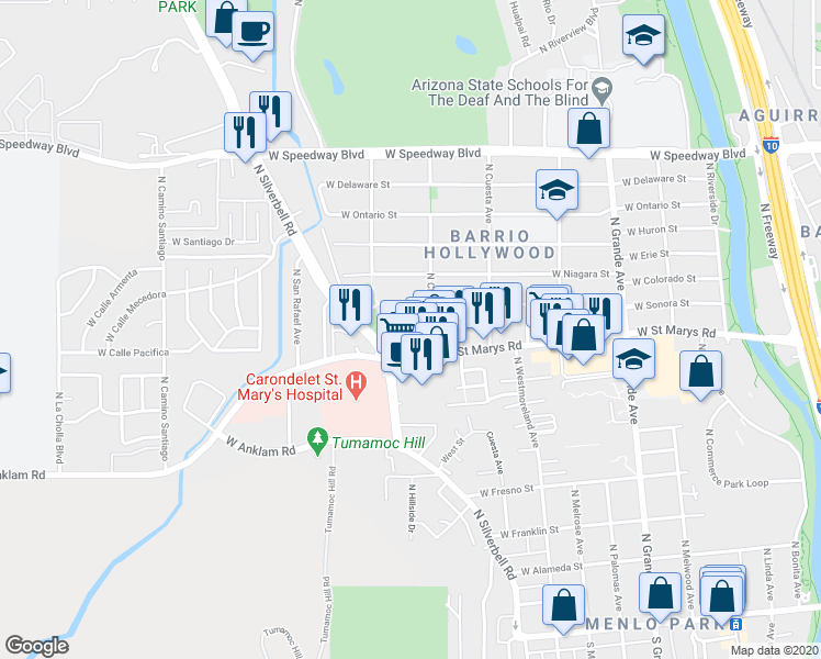 map of restaurants, bars, coffee shops, grocery stores, and more near 555 North Iroquois Avenue in Tucson