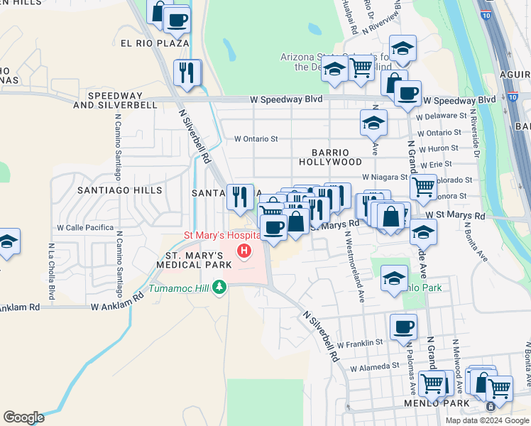 map of restaurants, bars, coffee shops, grocery stores, and more near 555 North Iroquois Avenue in Tucson