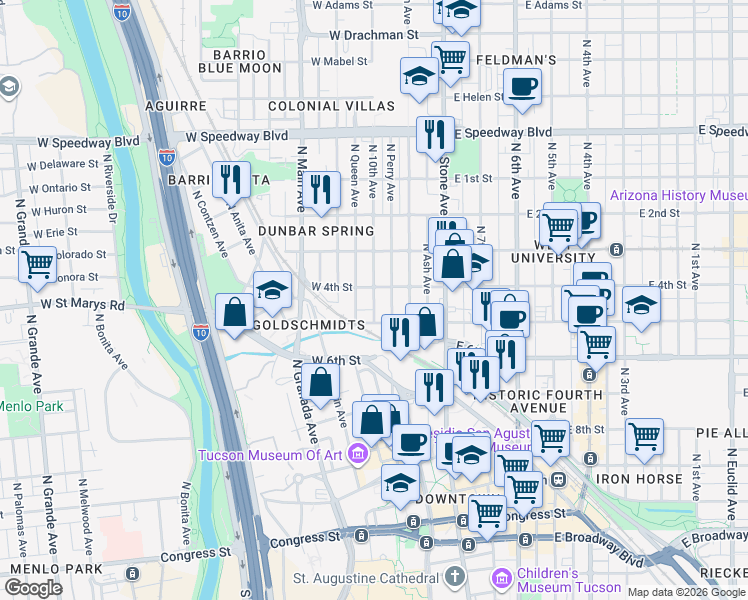 map of restaurants, bars, coffee shops, grocery stores, and more near 641 North 10th Avenue in Tucson