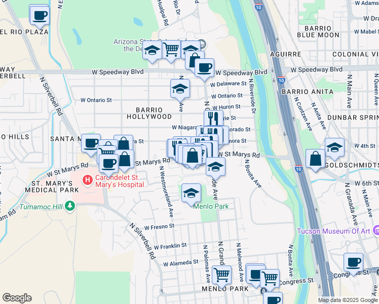 map of restaurants, bars, coffee shops, grocery stores, and more near 1225 West Sonora Street in Tucson
