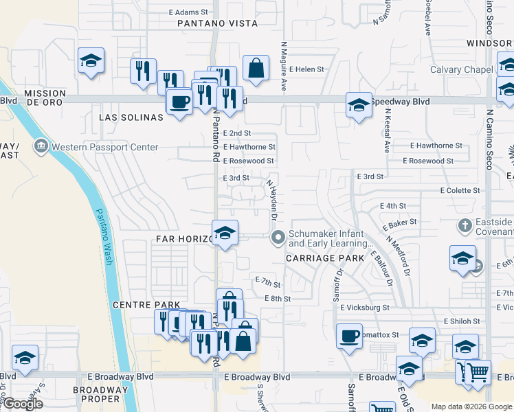 map of restaurants, bars, coffee shops, grocery stores, and more near 7917 East Colette Circle in Tucson
