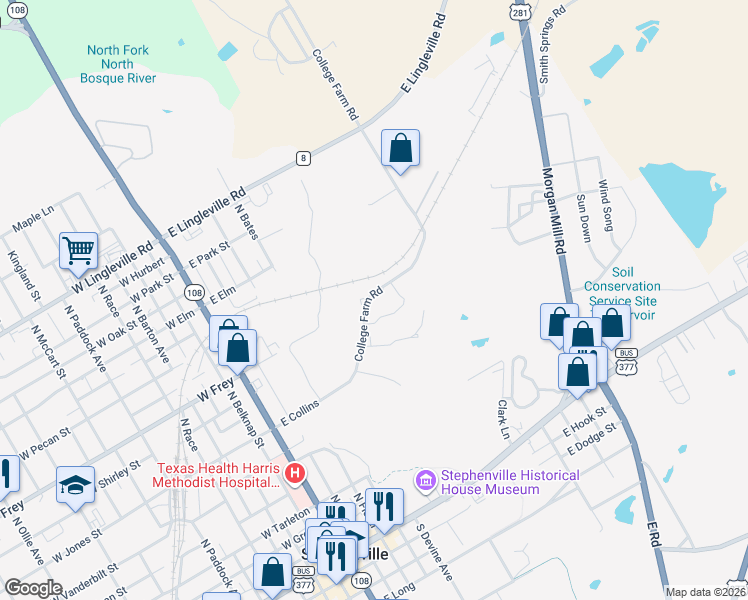 map of restaurants, bars, coffee shops, grocery stores, and more near 855 South College Farm Road in Stephenville
