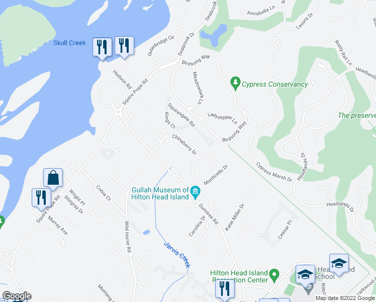 map of restaurants, bars, coffee shops, grocery stores, and more near 44 Chinaberry Drive in Hilton Head Island