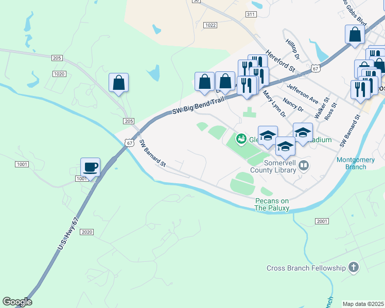 map of restaurants, bars, coffee shops, grocery stores, and more near 1604 Southwest Barnard Street in Glen Rose