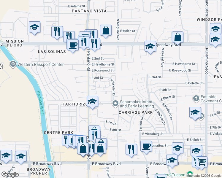 map of restaurants, bars, coffee shops, grocery stores, and more near 712 North Hayden Drive in Tucson