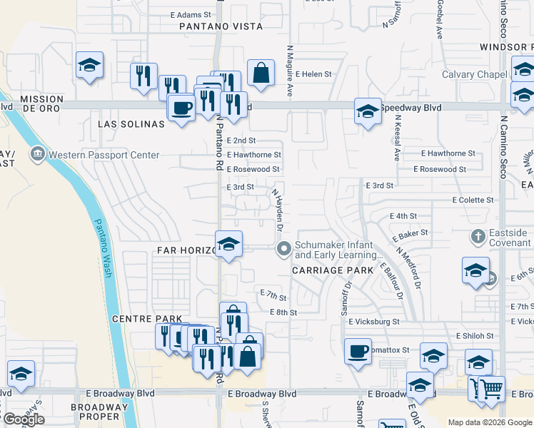 map of restaurants, bars, coffee shops, grocery stores, and more near 7917 East Colette Circle in Tucson