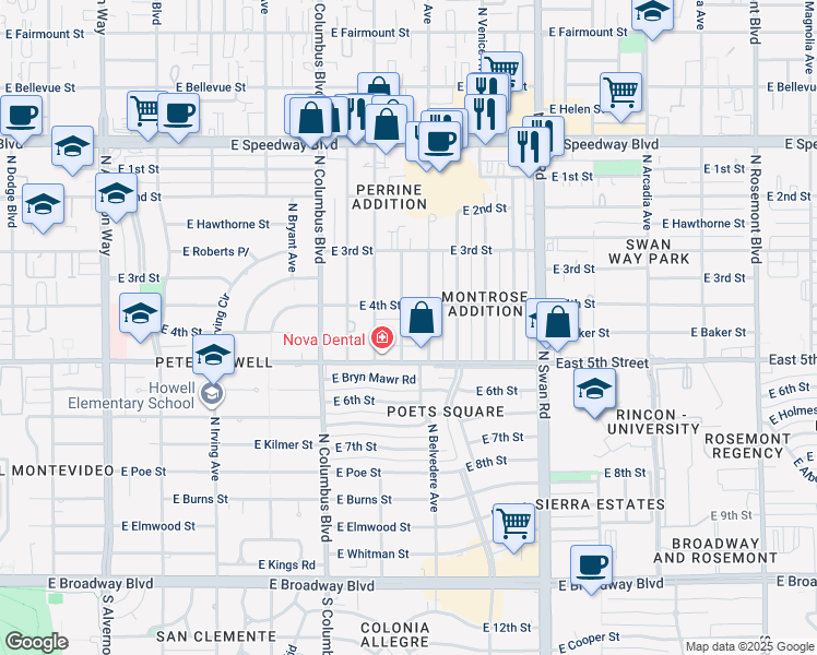map of restaurants, bars, coffee shops, grocery stores, and more near 4434 East 4th Street in Tucson