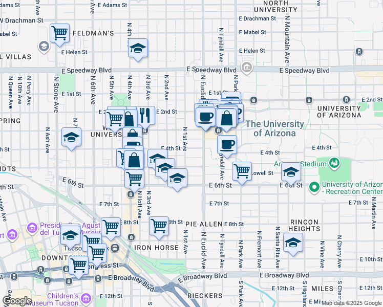 map of restaurants, bars, coffee shops, grocery stores, and more near 703 North 1st Avenue in Tucson