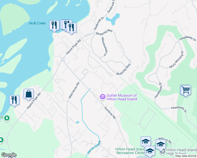 map of restaurants, bars, coffee shops, grocery stores, and more near 11 Celosia Lane in Hilton Head Island