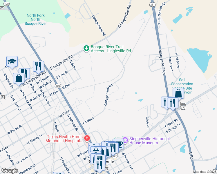 map of restaurants, bars, coffee shops, grocery stores, and more near 855 South College Farm Road in Stephenville