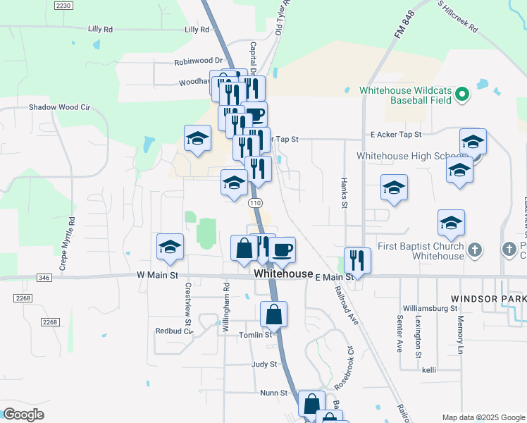 map of restaurants, bars, coffee shops, grocery stores, and more near 308 Highway 110 in Whitehouse