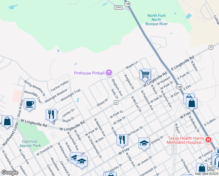 map of restaurants, bars, coffee shops, grocery stores, and more near 1762 Bingham Avenue in Stephenville