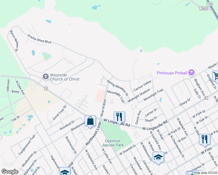 map of restaurants, bars, coffee shops, grocery stores, and more near 525 Spring Meadow Street in Stephenville