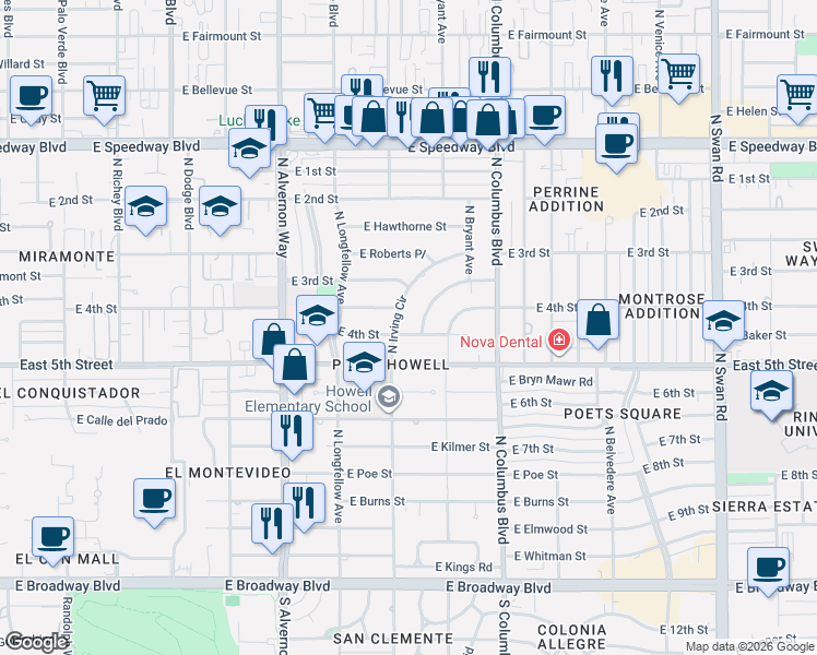map of restaurants, bars, coffee shops, grocery stores, and more near 4111 East 4th Street in Tucson