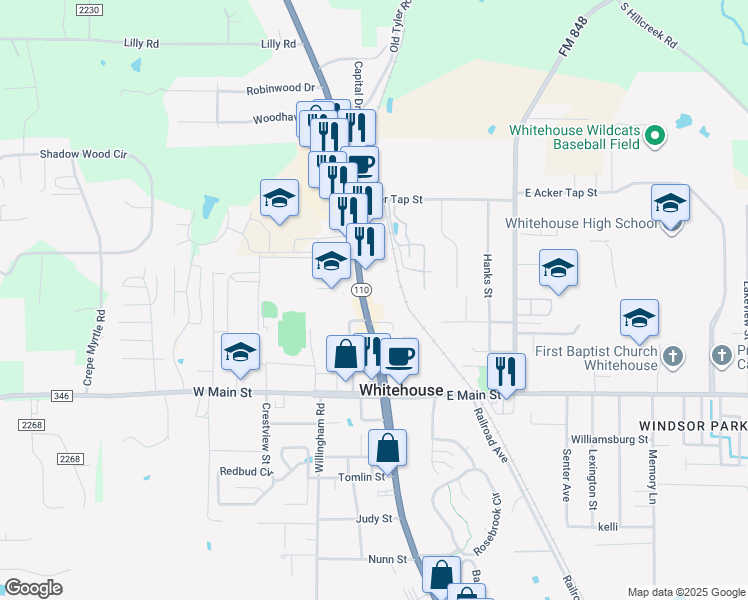 map of restaurants, bars, coffee shops, grocery stores, and more near 308 Texas 110 in Whitehouse