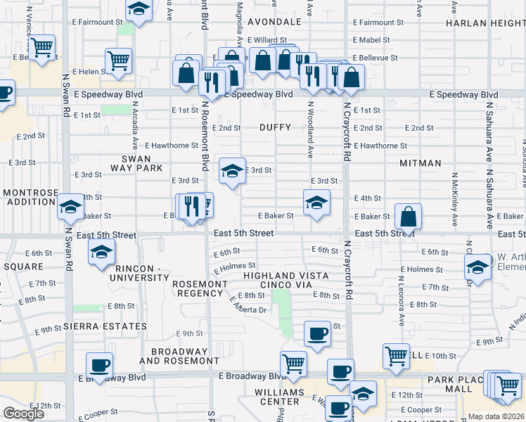 map of restaurants, bars, coffee shops, grocery stores, and more near 5272 East 4th Street in Tucson