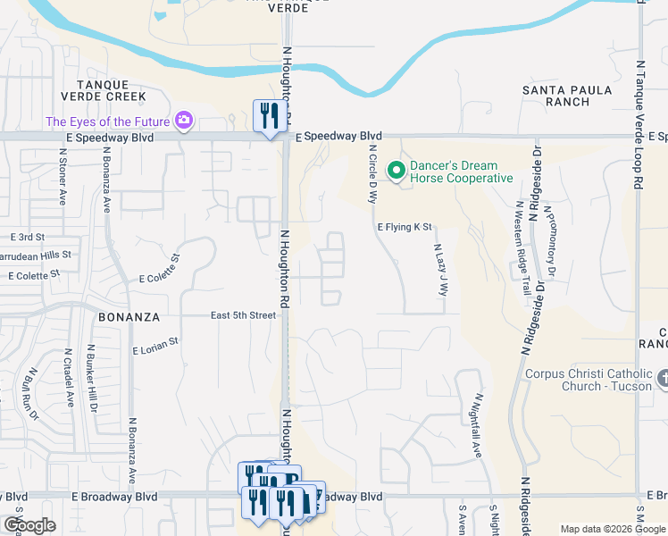map of restaurants, bars, coffee shops, grocery stores, and more near 10405 East Passkey Drive in Tucson