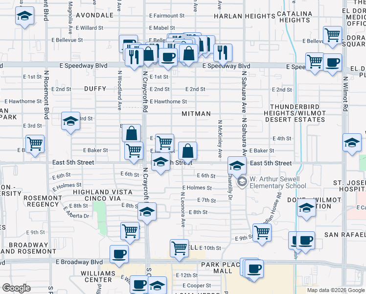 map of restaurants, bars, coffee shops, grocery stores, and more near 5614 East 4th Street in Tucson