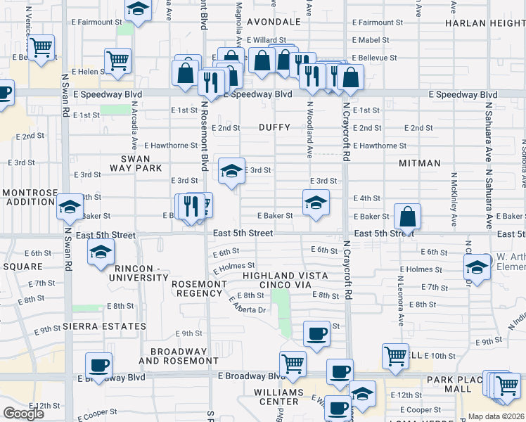 map of restaurants, bars, coffee shops, grocery stores, and more near 5272 East 4th Street in Tucson
