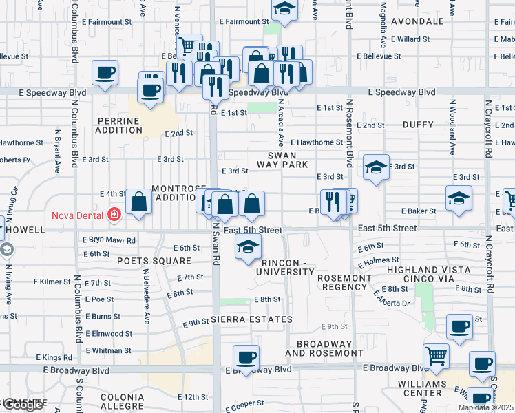 map of restaurants, bars, coffee shops, grocery stores, and more near 4764 East 4th Street in Tucson